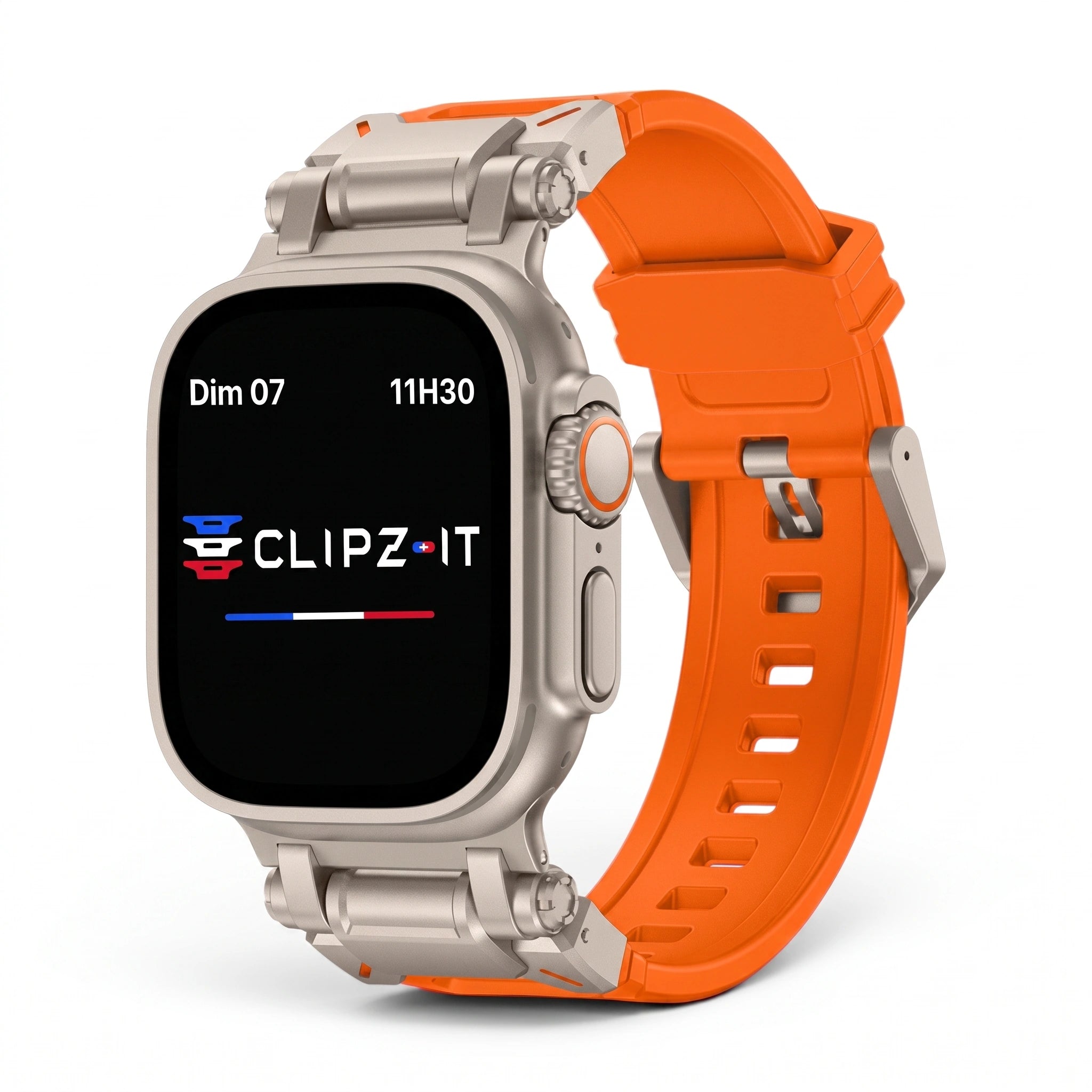 Bracelet Bouclier silicone & titane orange, vue de face 2 - Apple Watch | Clipz-it
