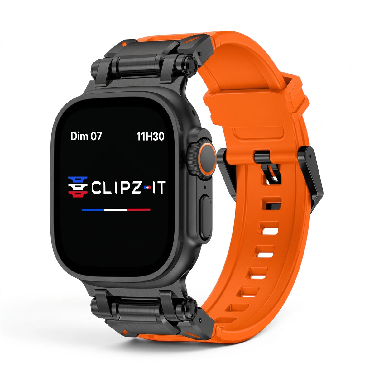 Bracelet Bouclier silicone & titane orange, vue de face - Apple Watch | Clipz-it