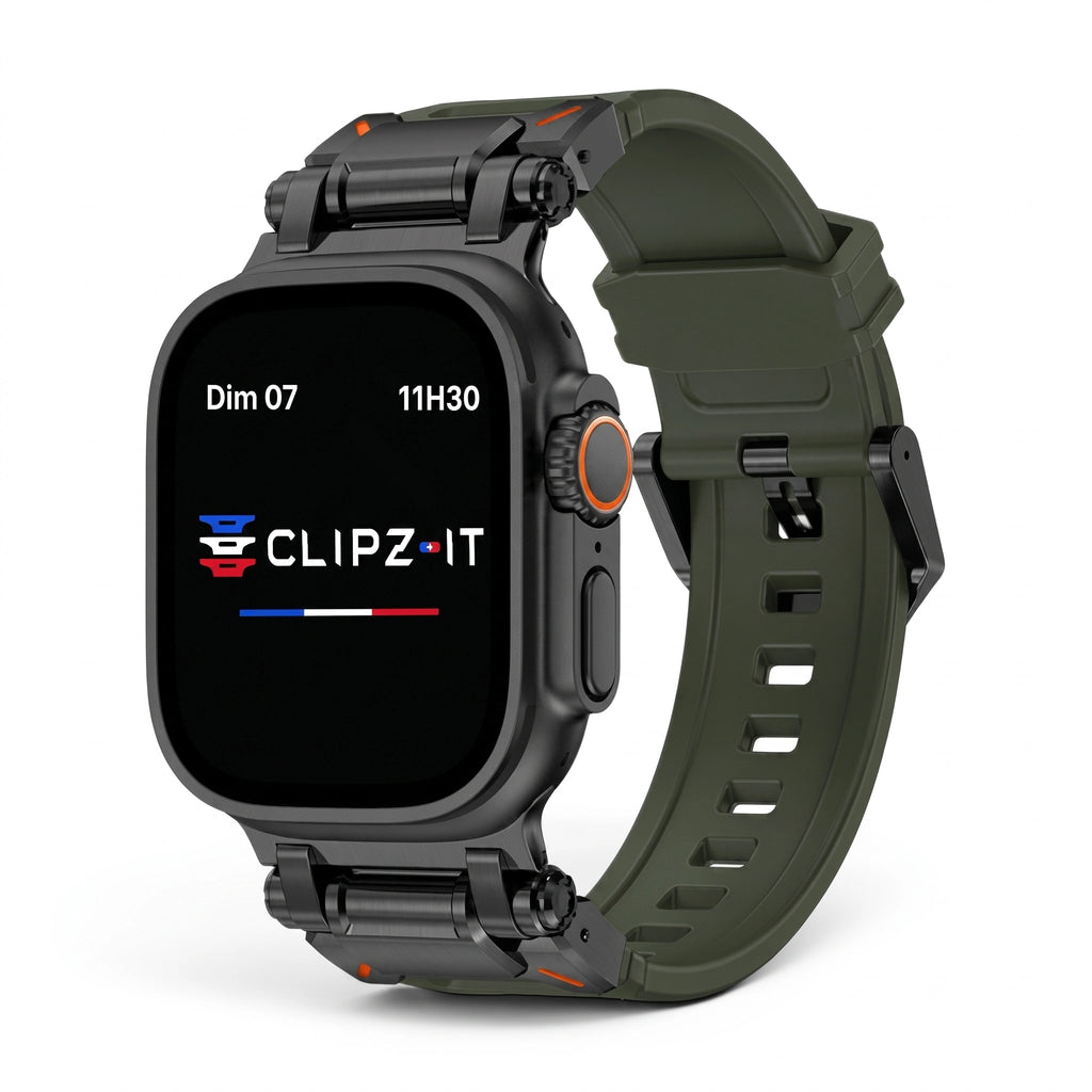 Bracelet Bouclier silicone & titane vert, vue de face - Apple Watch | Clipz-it