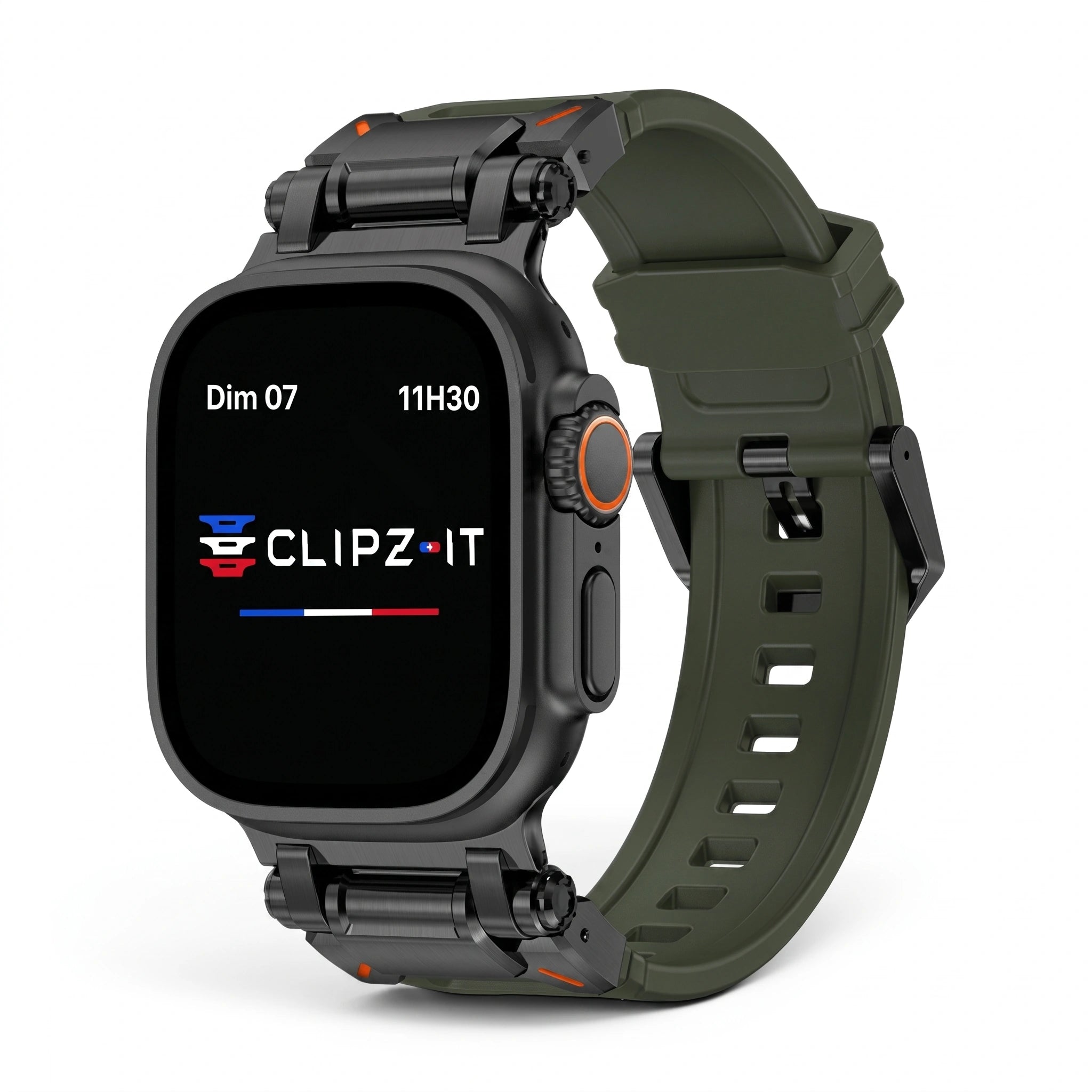 Bracelet Bouclier silicone & titane vert, vue de face - Apple Watch | Clipz-it