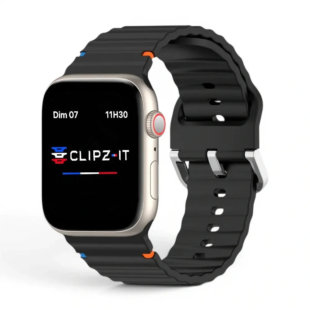 Bracelet Bubble silicone noir, vue de face - Apple Watch | Clipz-it