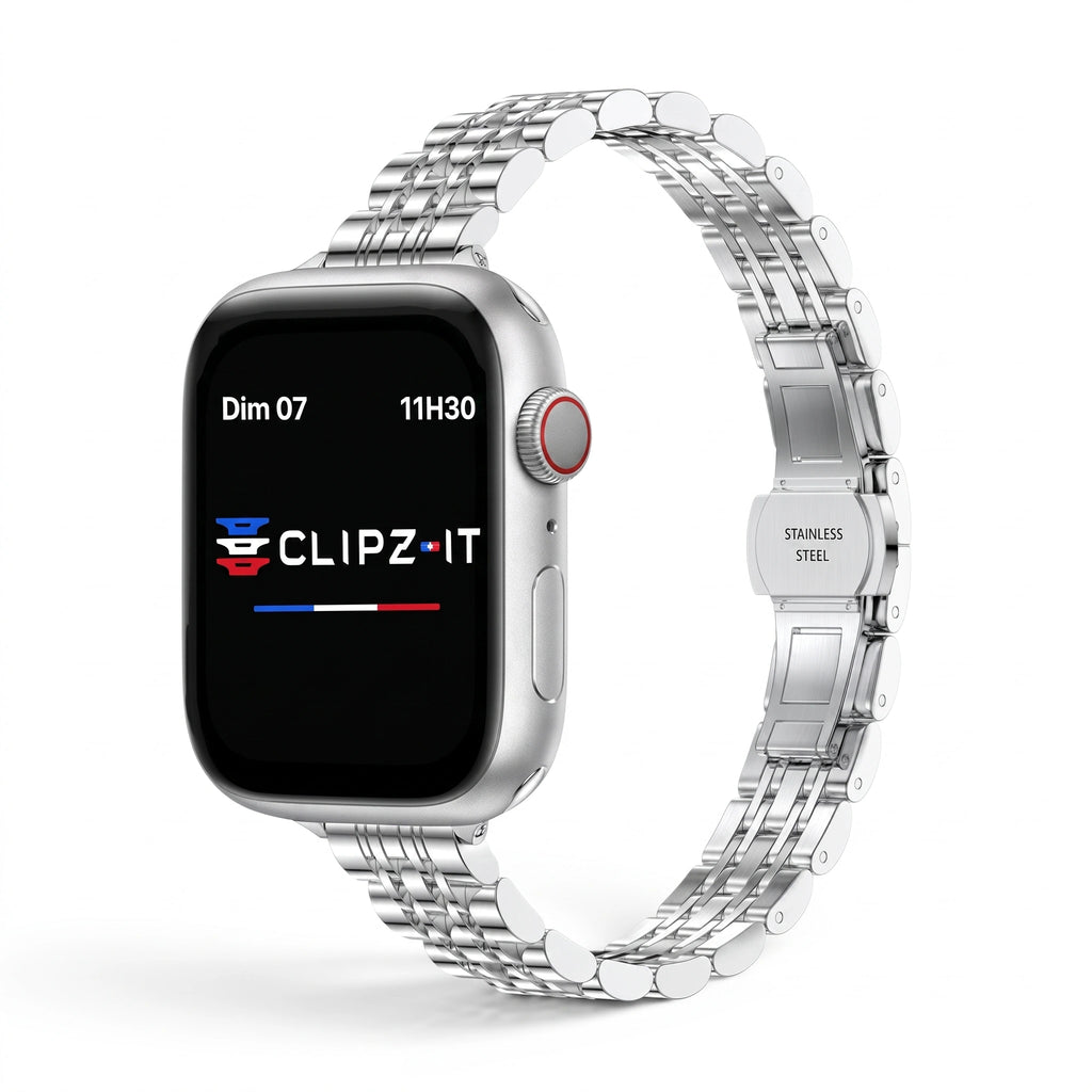 Bracelet Céleste acier inoxydable argenté, vue de face - Apple Watch | Clipz-it