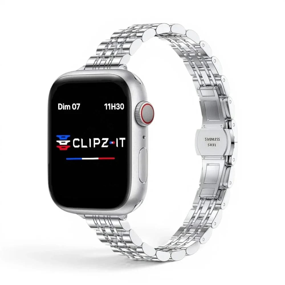 Bracelet Céleste acier inoxydable argenté, vue de face - Apple Watch | Clipz-it