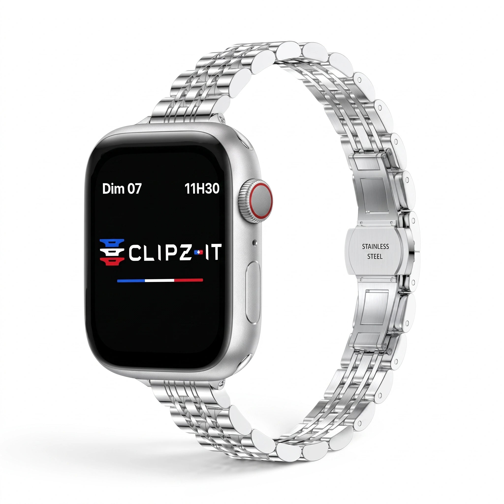 Bracelet Céleste acier inoxydable argenté, vue de face - Apple Watch | Clipz-it
