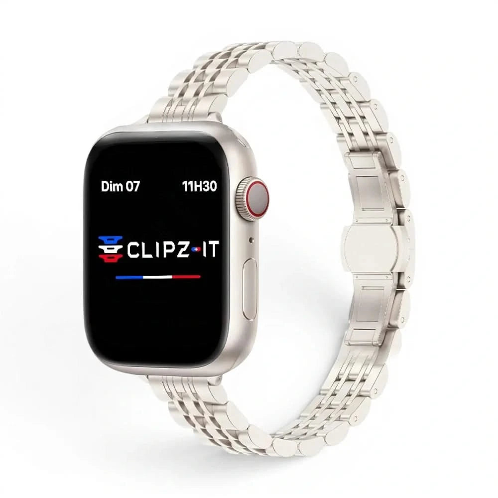 Bracelet Céleste acier inoxydable lumière stellaire, vue de face - Apple Watch | Clipz-it