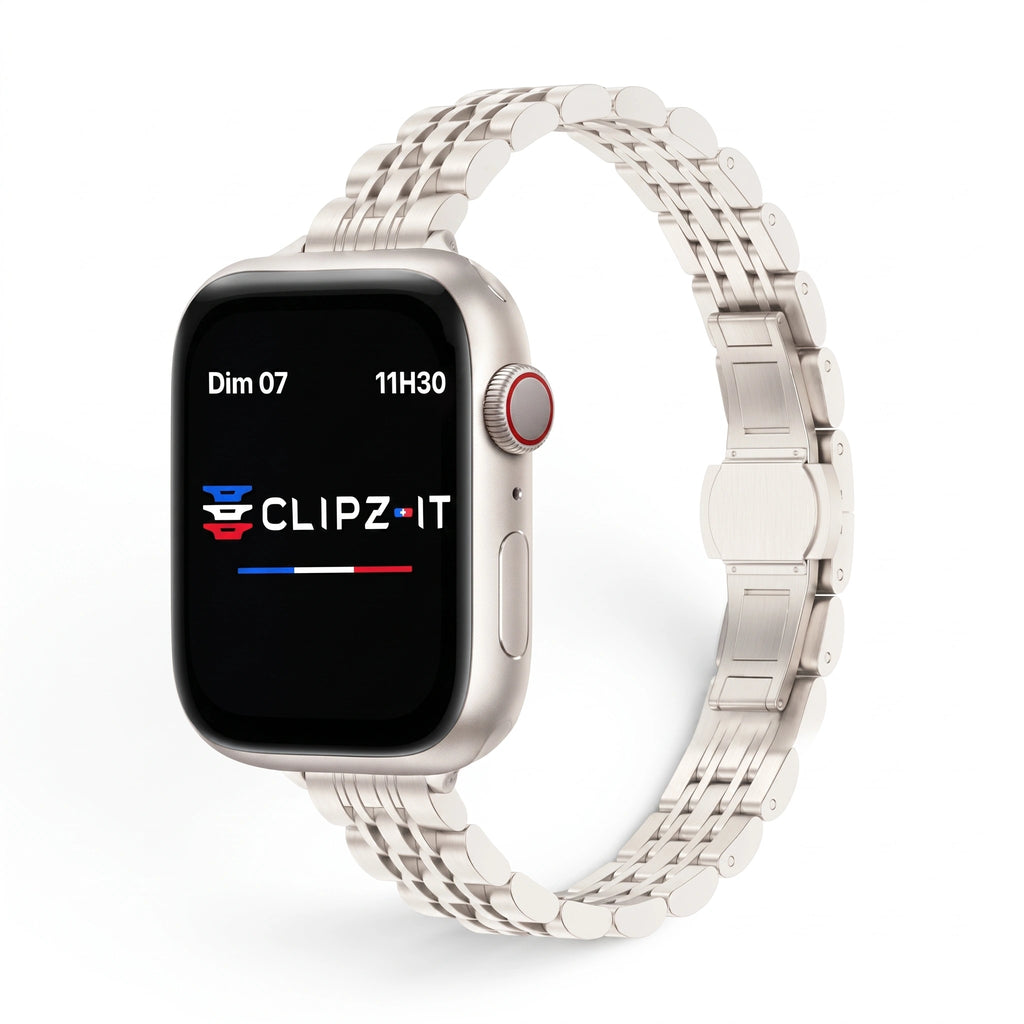 Bracelet Céleste acier inoxydable lumière stellaire, vue de face - Apple Watch | Clipz-it