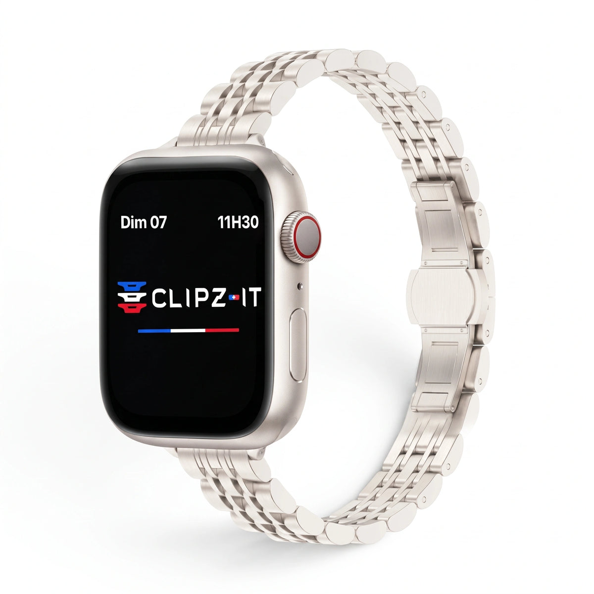 Bracelet Céleste acier inoxydable lumière stellaire, vue de face - Apple Watch | Clipz-it