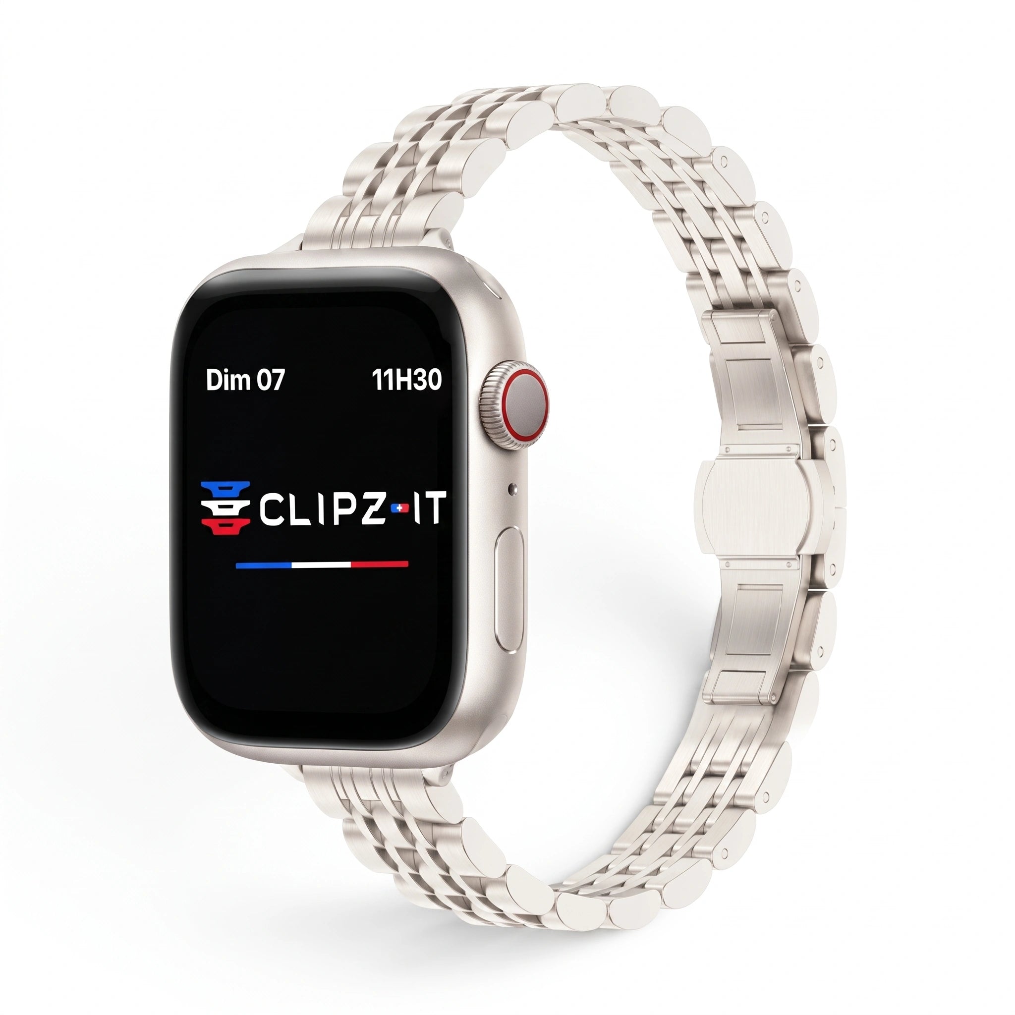 Bracelet Céleste acier inoxydable lumière stellaire, vue de face - Apple Watch | Clipz-it
