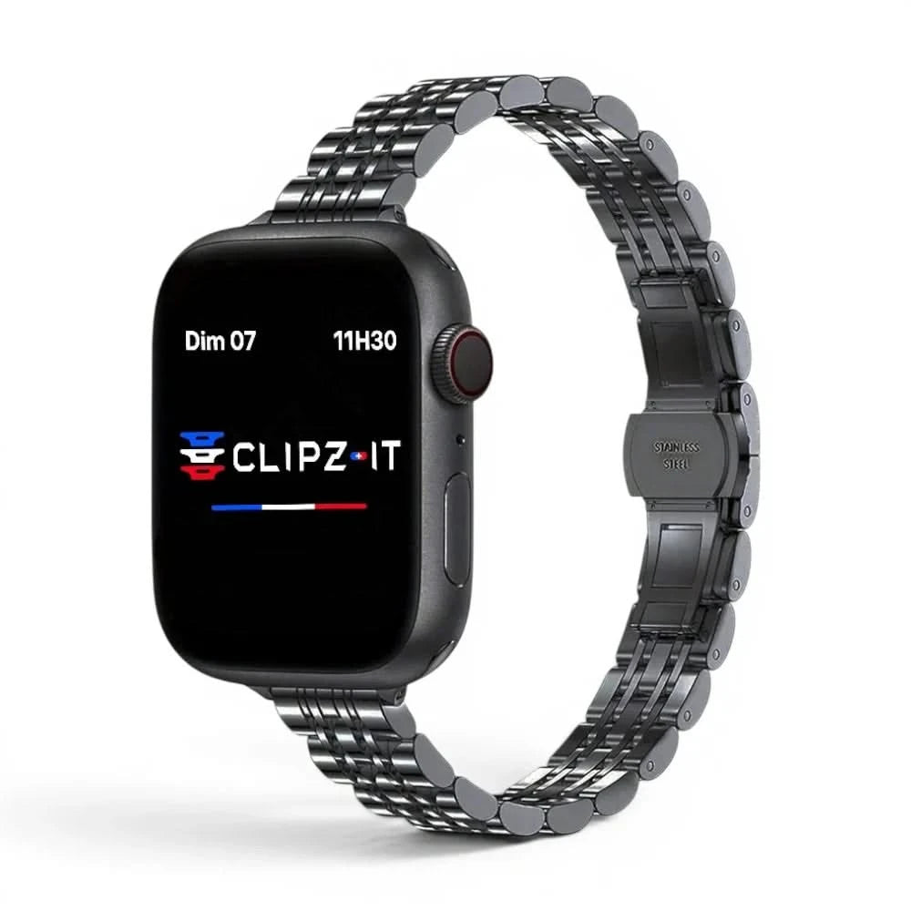 Bracelet Céleste acier inoxydable noir, vue de face - Apple Watch | Clipz-it