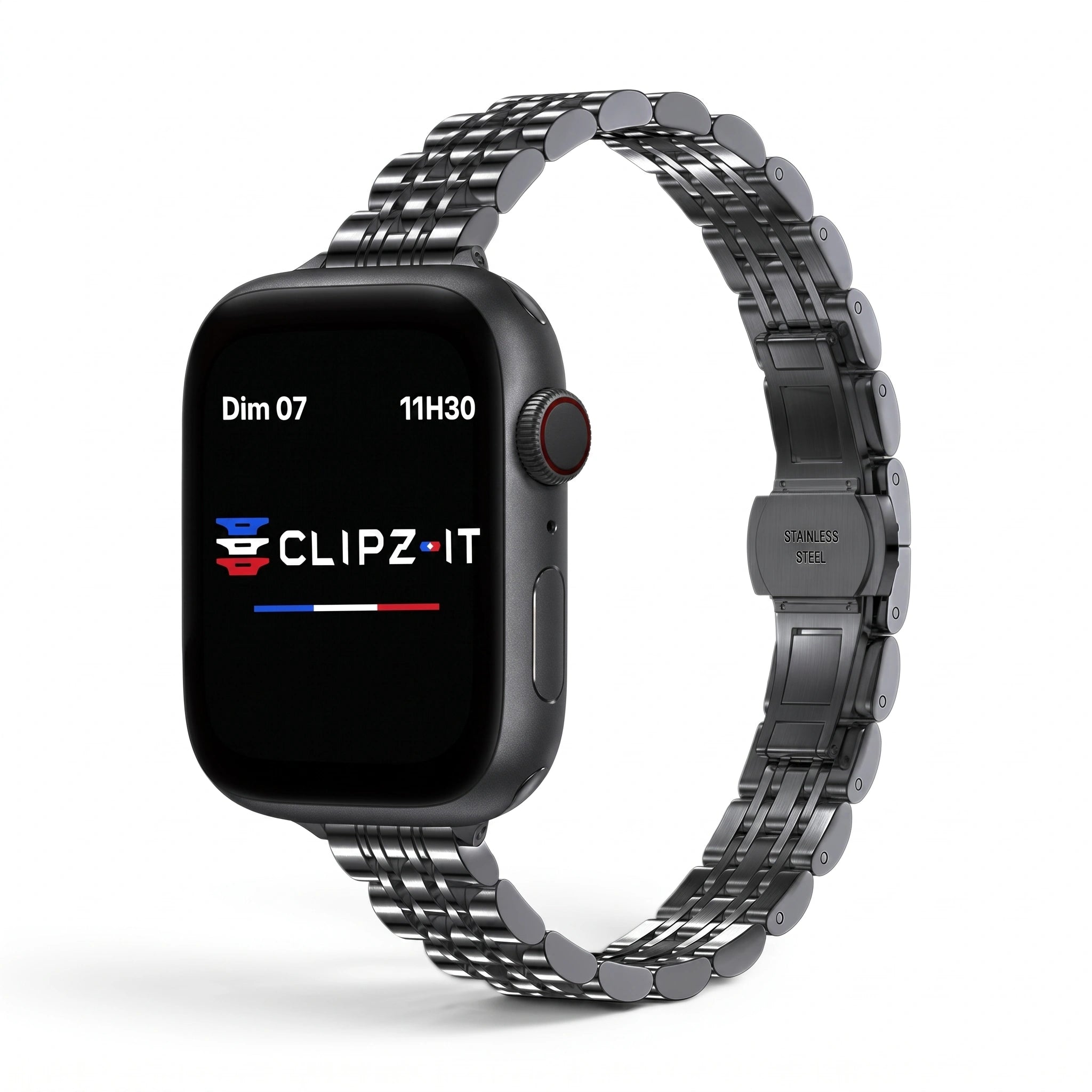 Bracelet Céleste acier inoxydable noir, vue de face - Apple Watch | Clipz-it