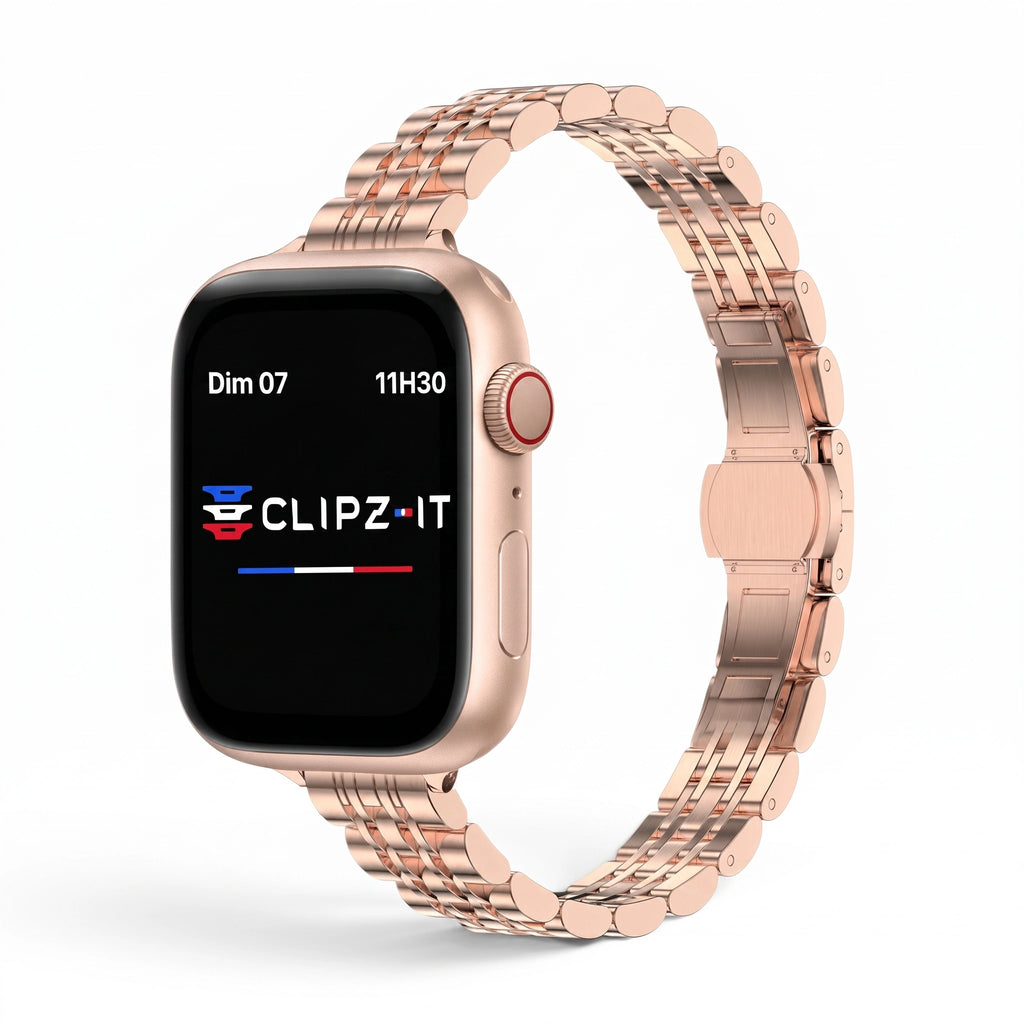 Bracelet Céleste acier inoxydable or rose, vue de face - Apple Watch | Clipz-it