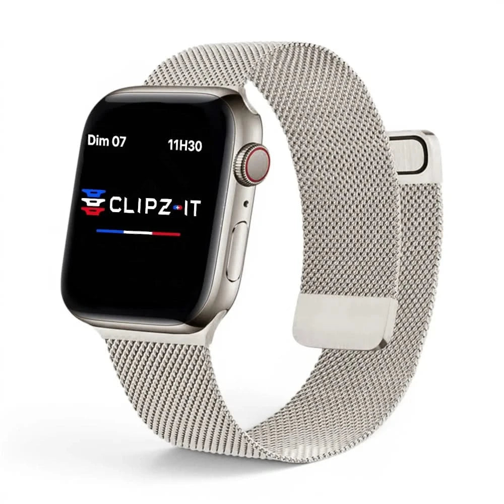 Bracelet Chevalier maille milanaise lumière stellaire, vue de face - Apple Watch | Clipz-it