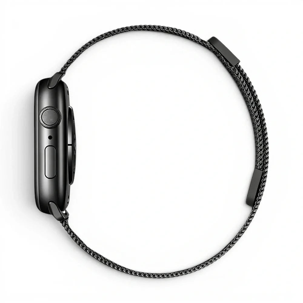 Bracelet Chevalier maille milanaise noir, vue de profil - Apple Watch | Clipz-it