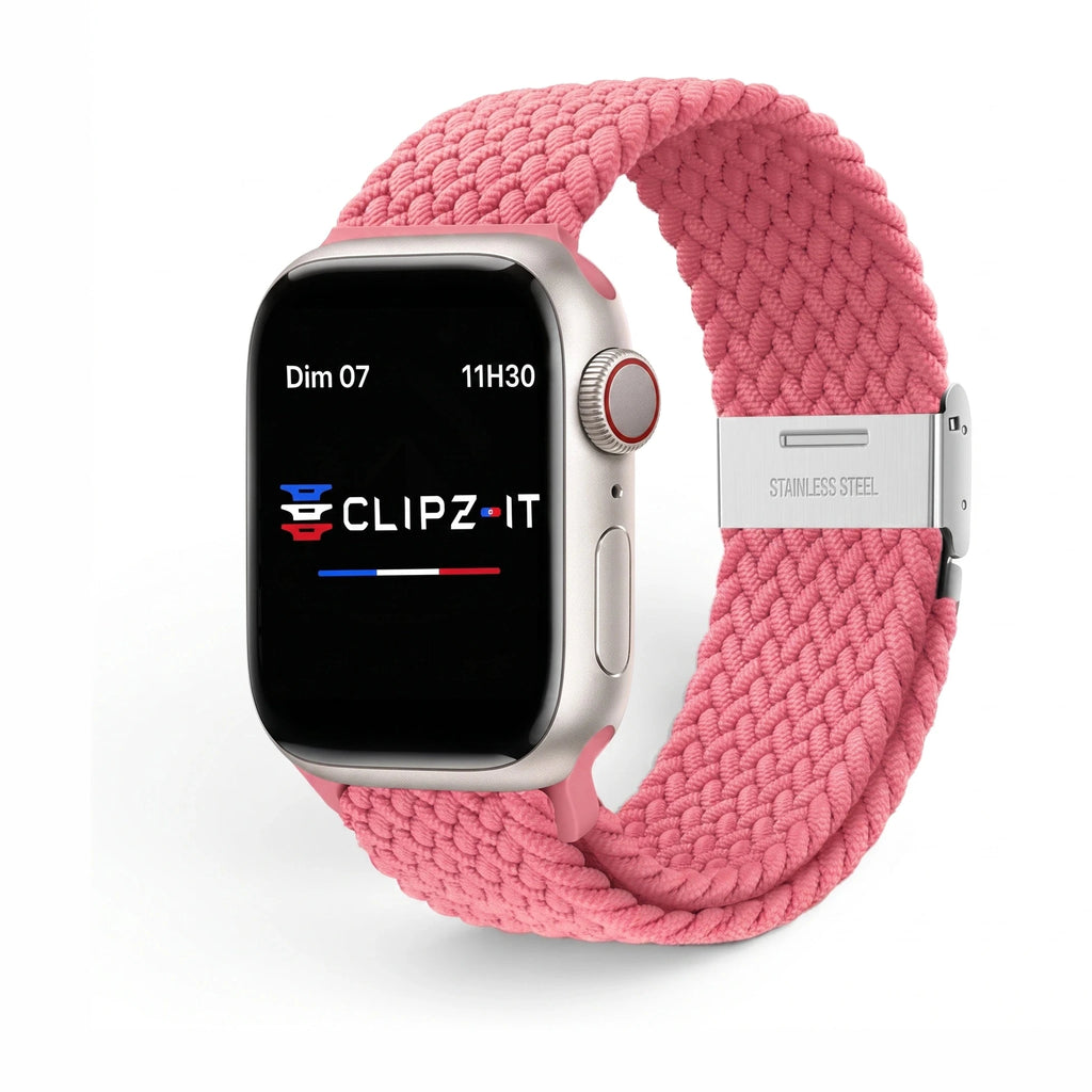 Bracelet Cirrus nylon tressé barbie, vue de face - Apple Watch | Clipz-it