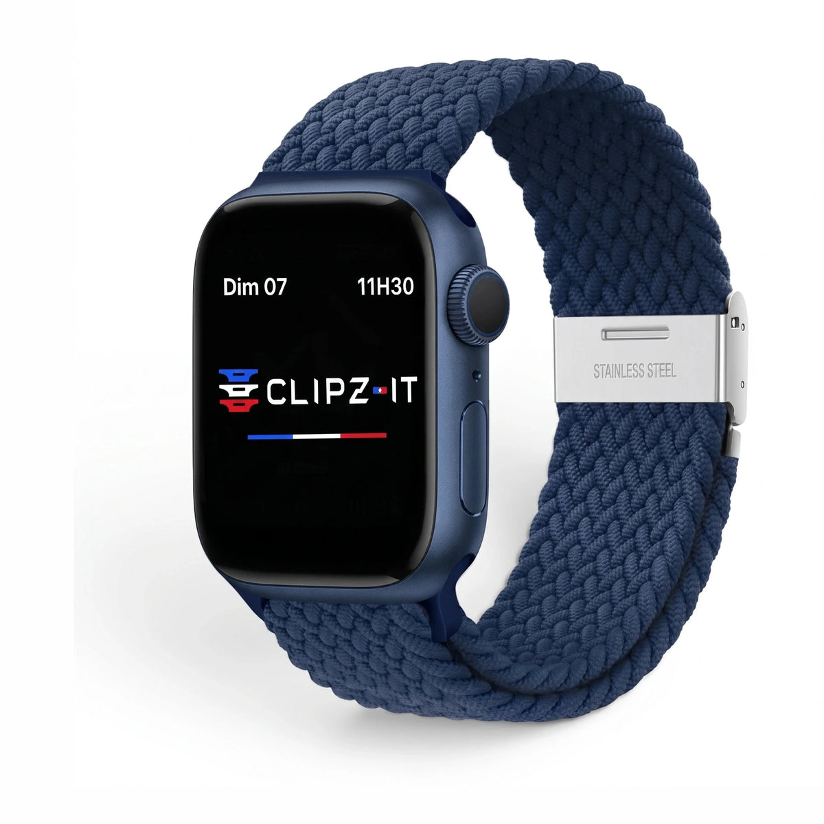 Bracelet Cirrus nylon tressé bleu nuit, vue de face - Apple Watch | Clipz-it