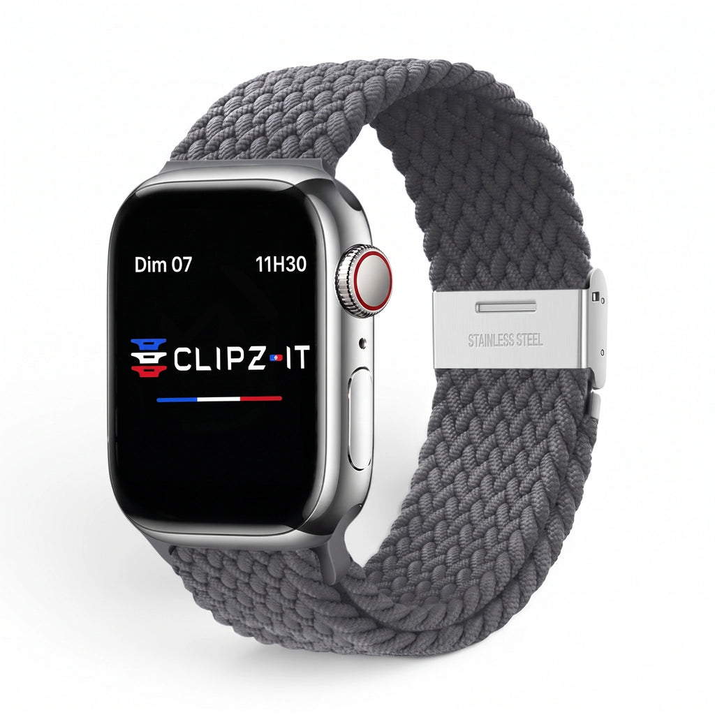 Bracelet Cirrus nylon tressé charbon, vue de face - Apple Watch | Clipz-it
