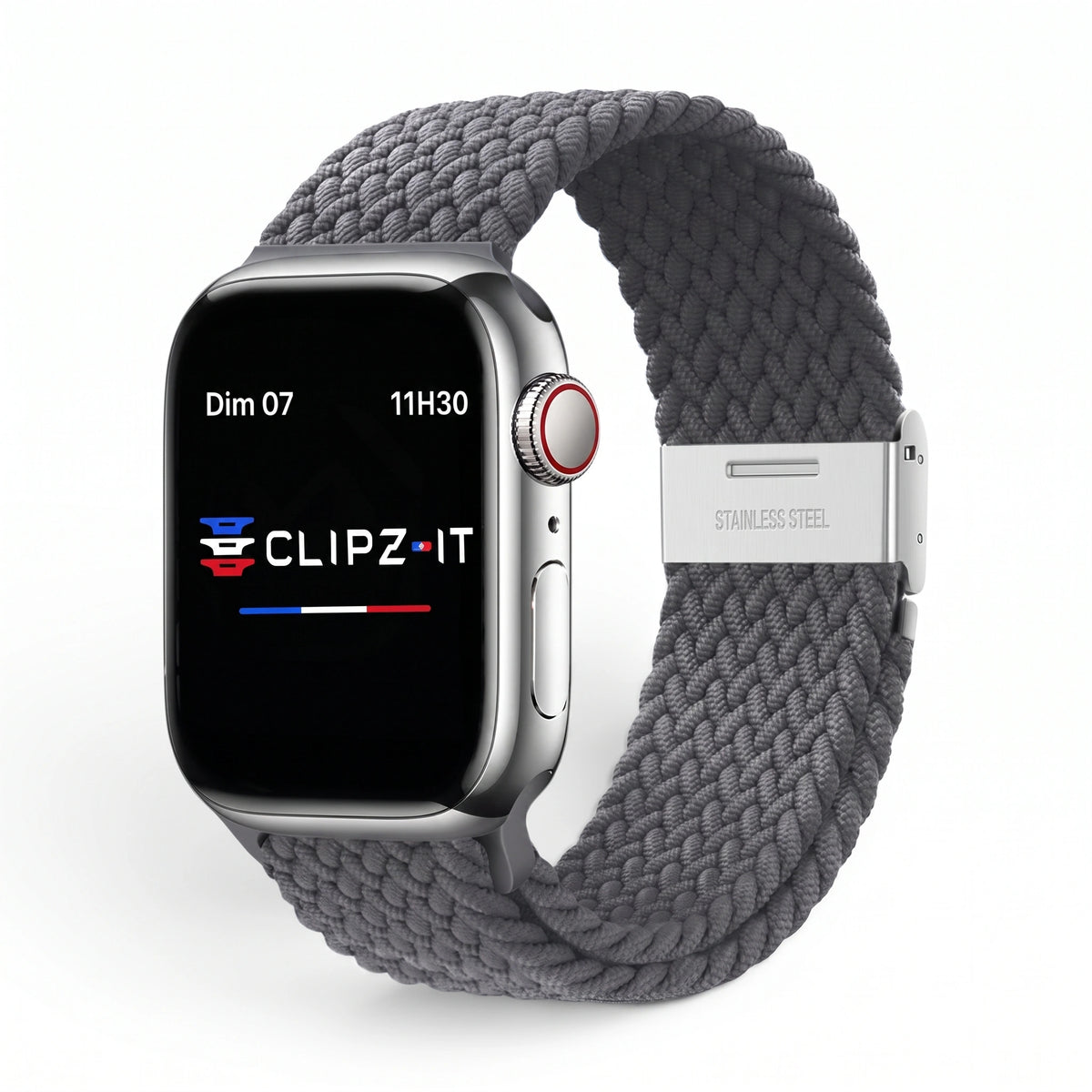 Bracelet Cirrus nylon tressé charbon, vue de face - Apple Watch | Clipz-it