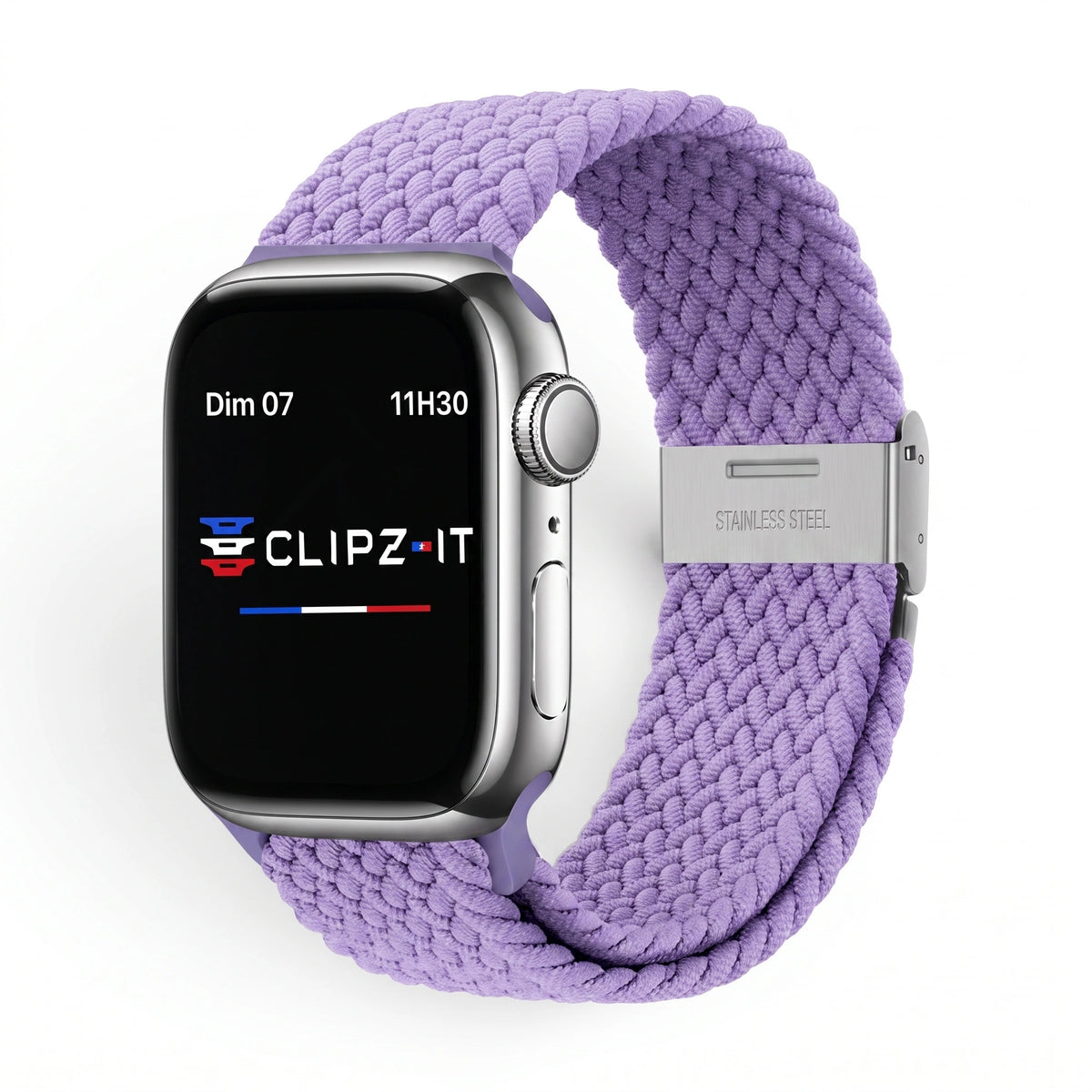 Bracelet Cirrus nylon tressé lilas, vue de face - Apple Watch | Clipz-it
