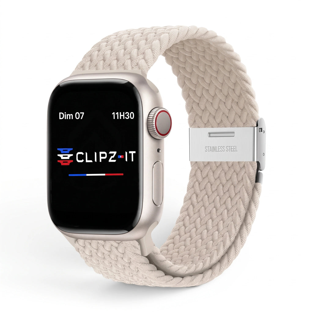 Bracelet Cirrus nylon tressé lumière stellaire, vue de face - Apple Watch | Clipz-it