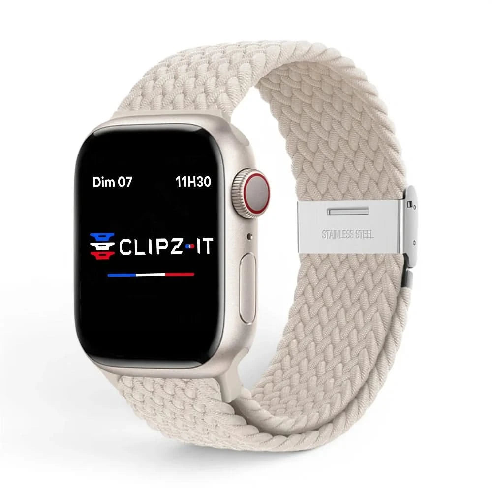 Bracelet Cirrus nylon tressé lumière stellaire, vue de face - Apple Watch | Clipz-it