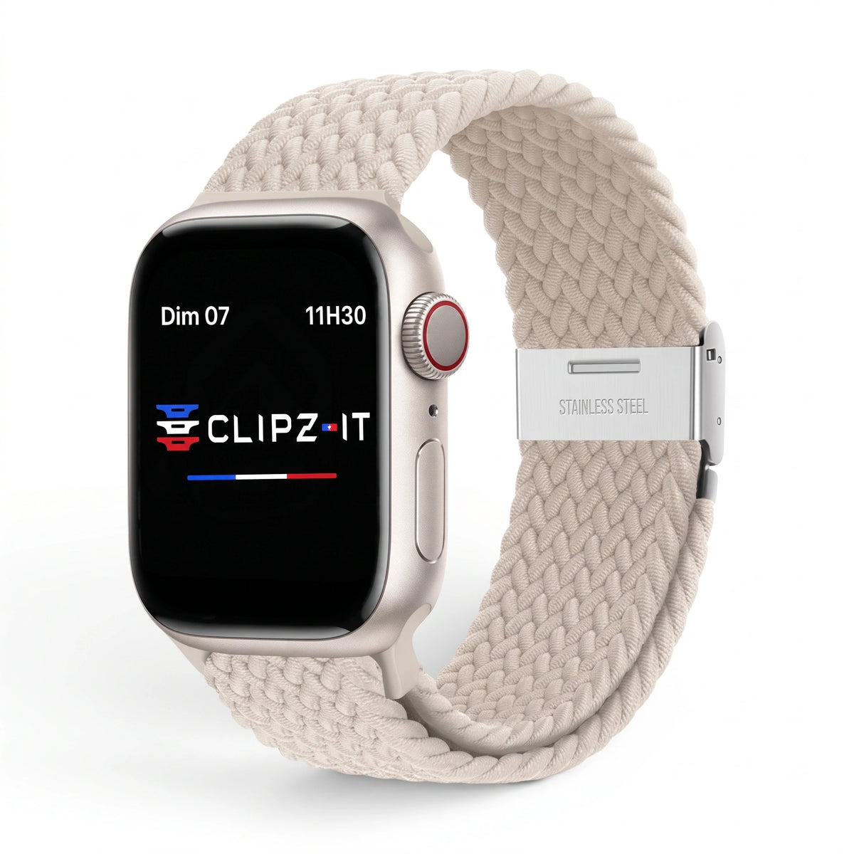 Bracelet Cirrus nylon tressé lumière stellaire, vue de face - Apple Watch | Clipz-it