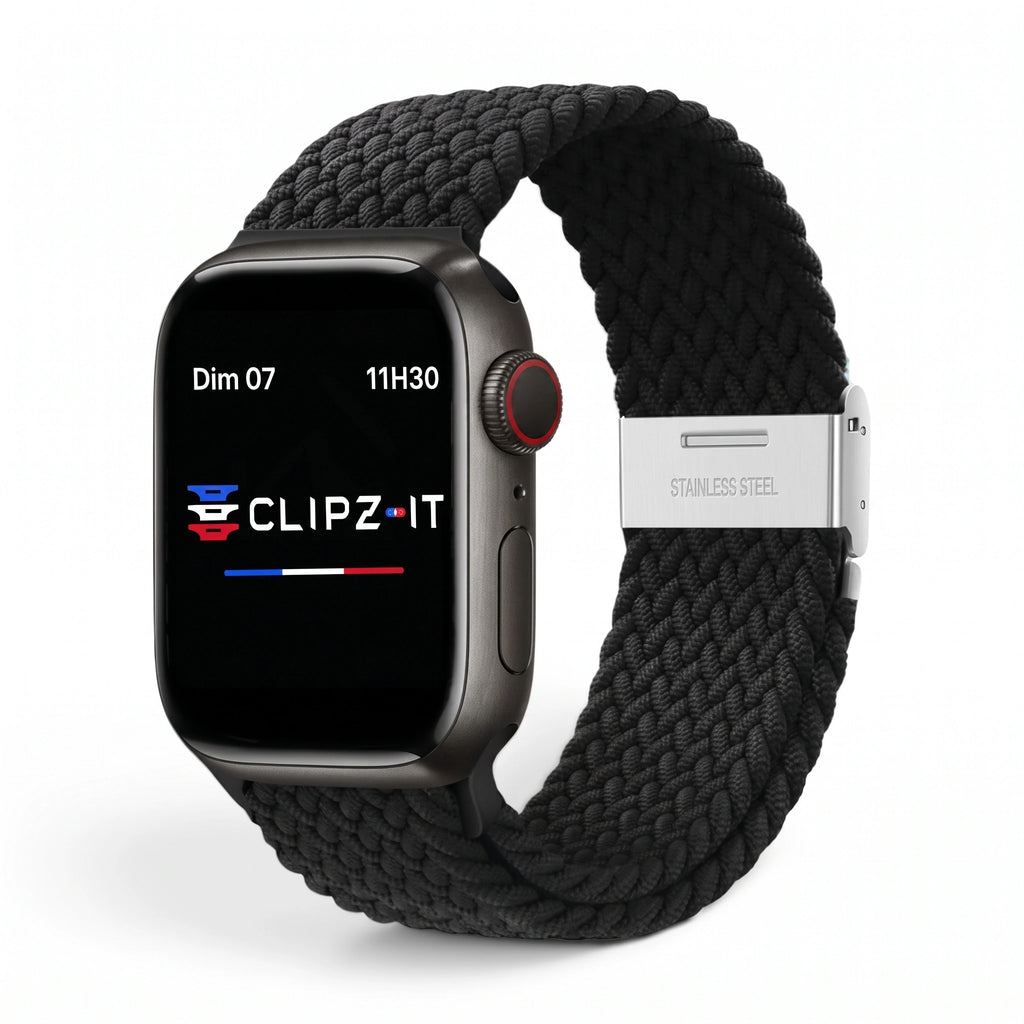 Bracelet Cirrus nylon tressé noir, vue de face - Apple Watch | Clipz-it