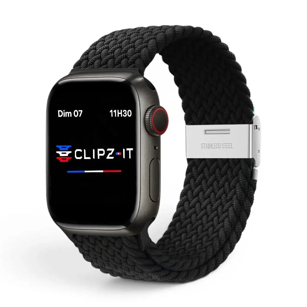 Bracelet Cirrus nylon tressé noir, vue de face - Apple Watch | Clipz-it