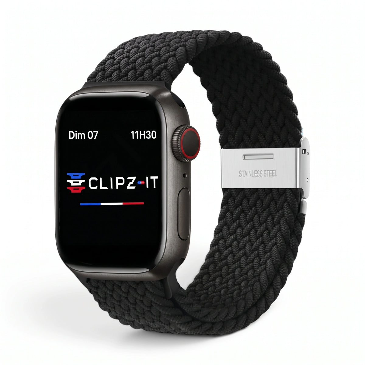 Bracelet Cirrus nylon tressé noir, vue de face - Apple Watch | Clipz-it