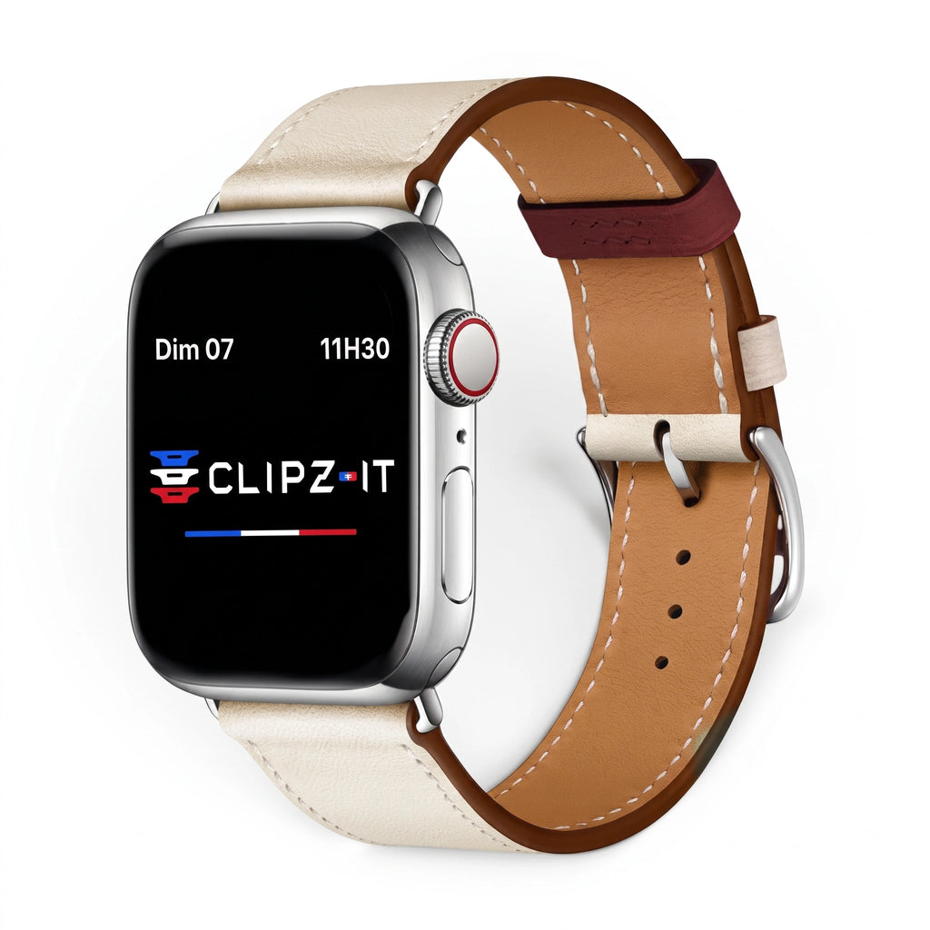 Bracelet Cupidon cuir beige, vue de face - Apple Watch | Clipz-it