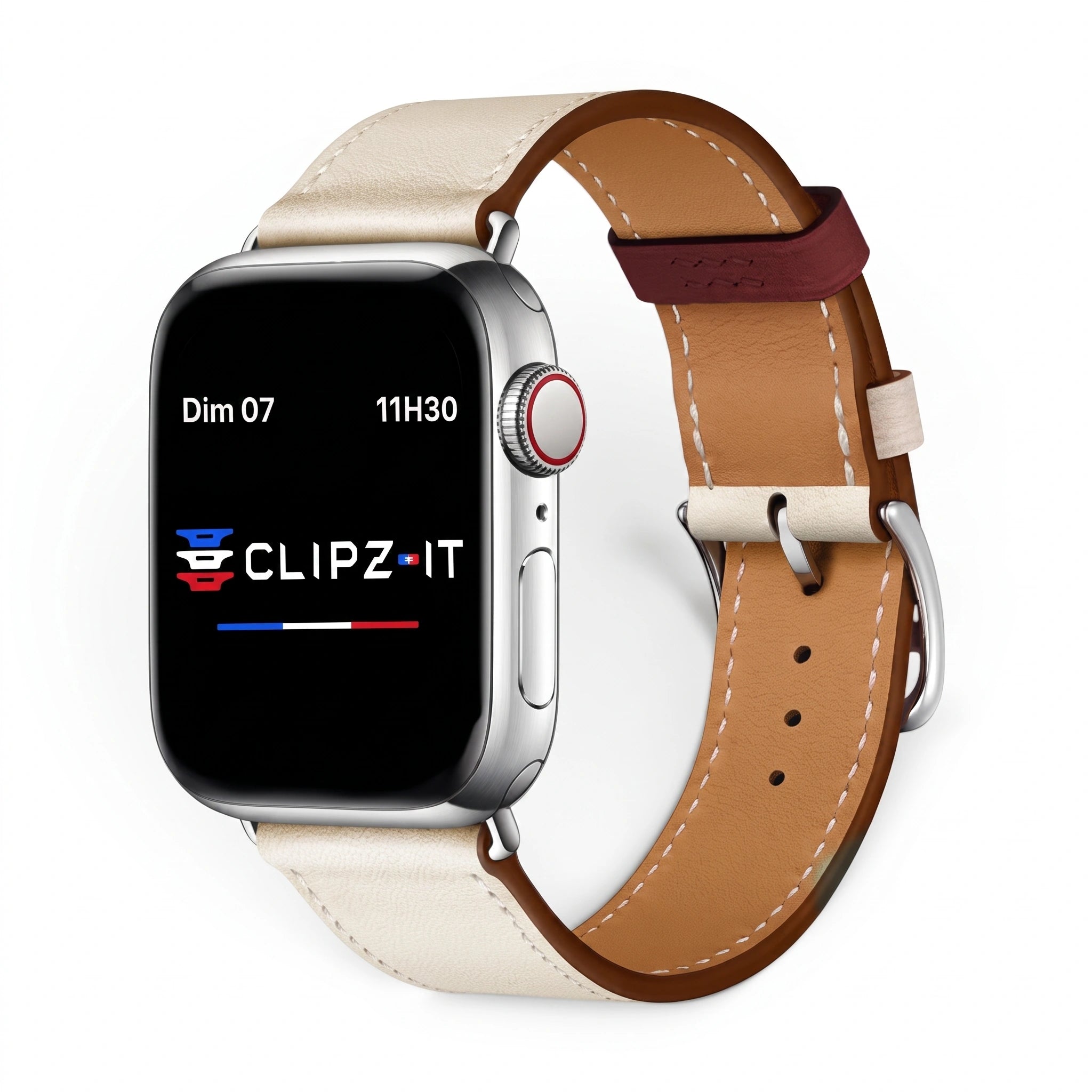 Bracelet Cupidon cuir beige, vue de face - Apple Watch | Clipz-it