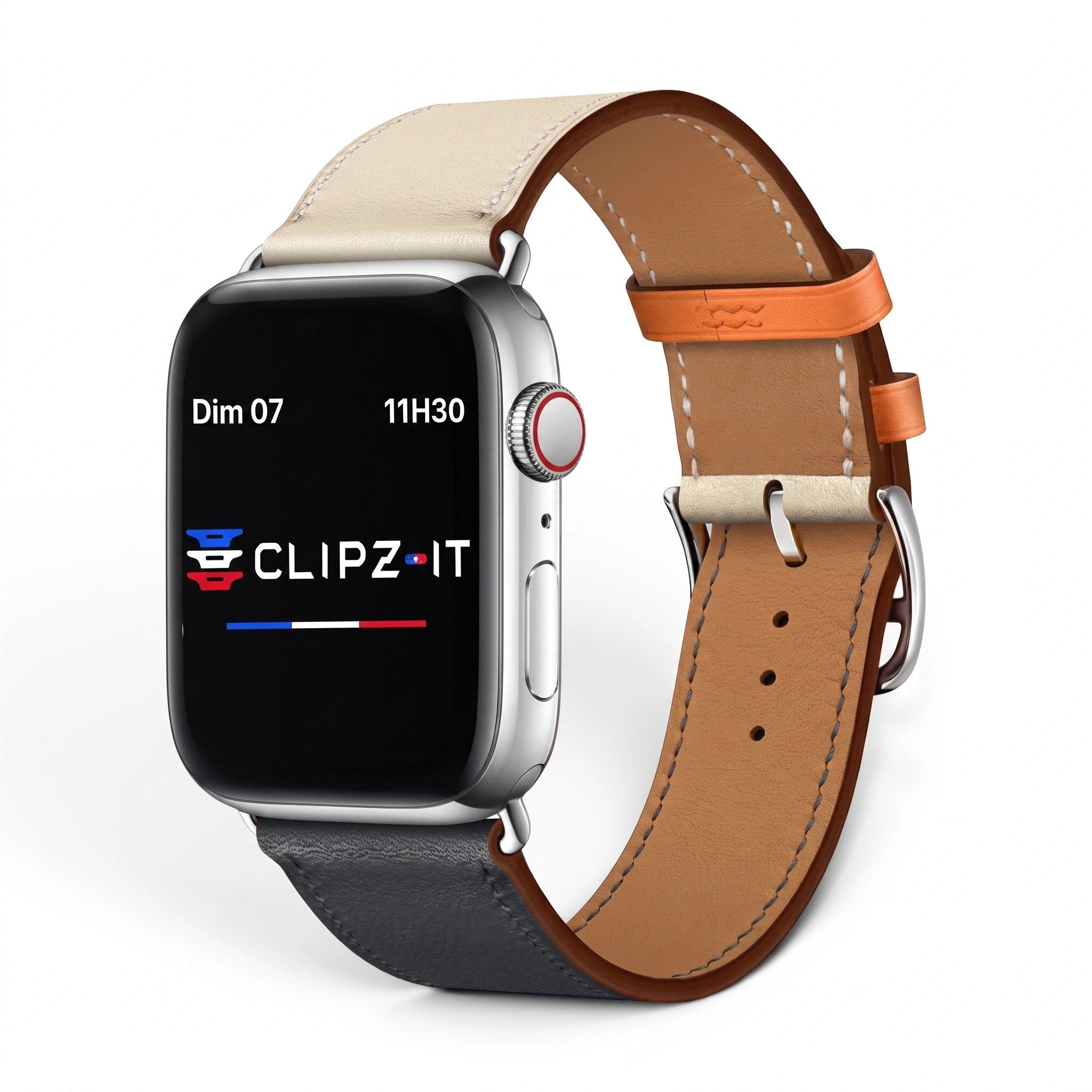 Bracelet Cupidon cuir bleu & blanc, vue de face - Apple Watch | Clipz-it