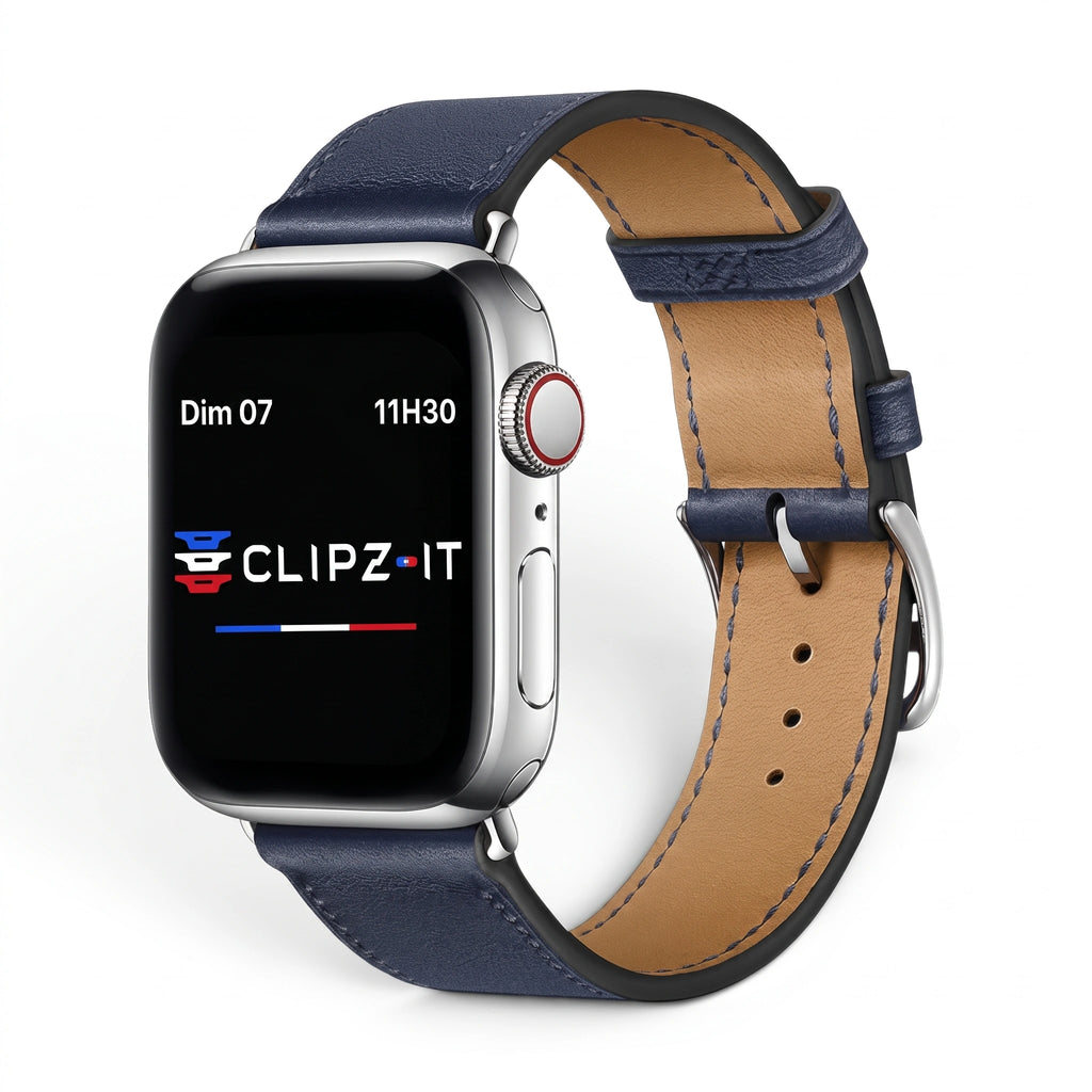 Bracelet Cupidon cuir bleu nuit, vue de face - Apple Watch | Clipz-it