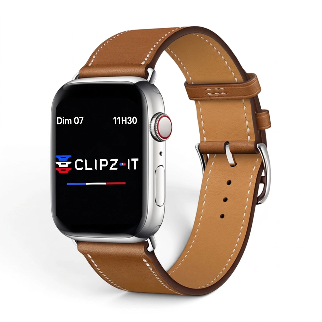Bracelet Cupidon cuir marron, vue de face - Apple Watch | Clipz-it