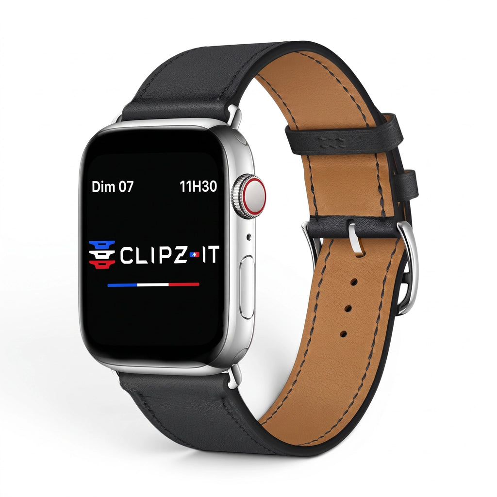 Bracelet Cupidon cuir noir, vue de face - Apple Watch | Clipz-it