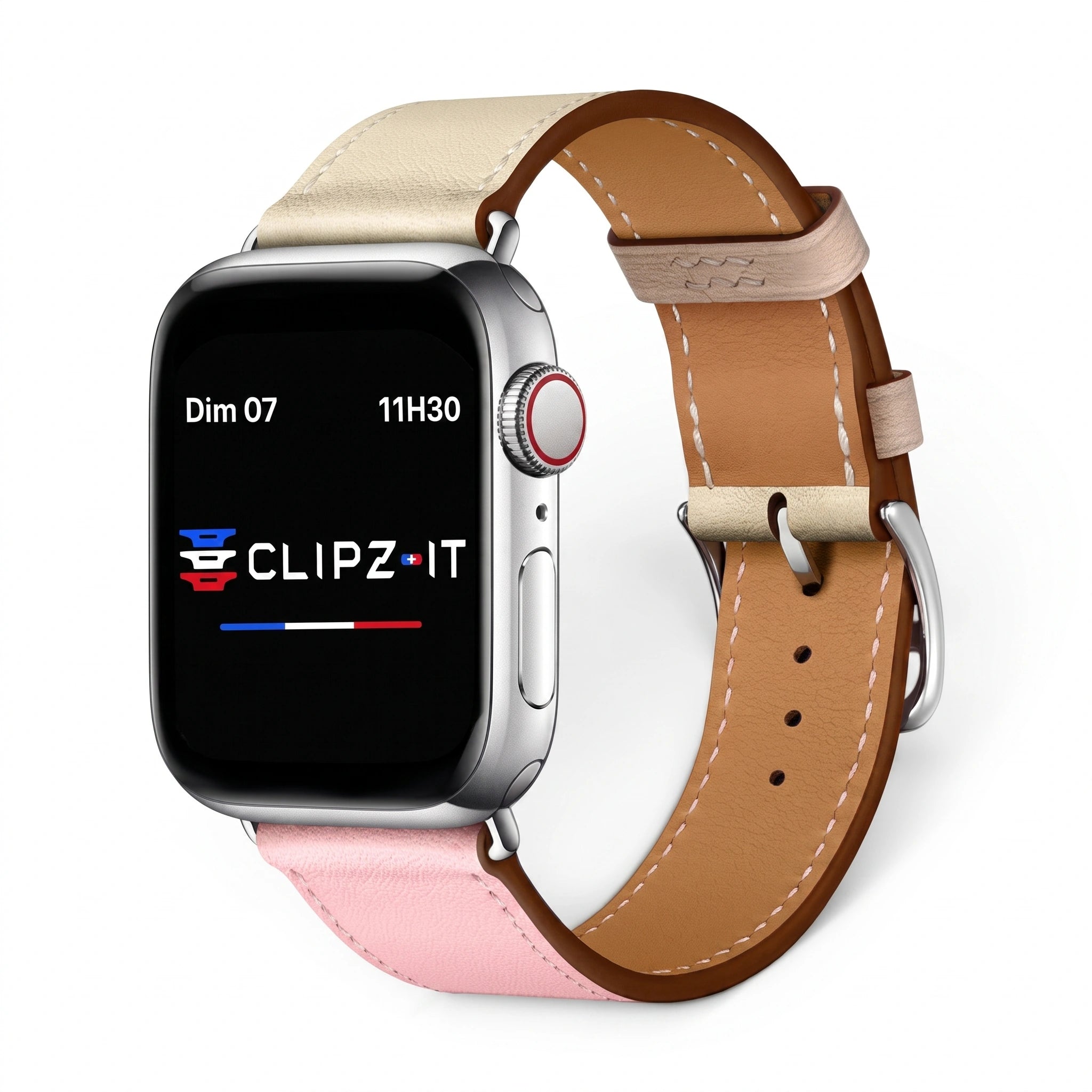 Bracelet Cupidon cuir rose & blanc, vue de face - Apple Watch | Clipz-it