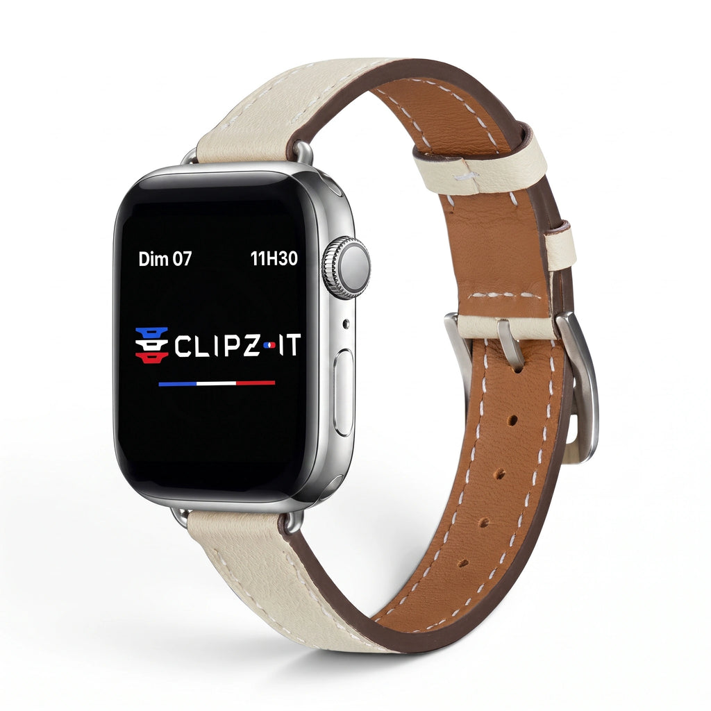 Bracelet Diana cuir blanc, vue de face - Apple Watch | Clipz-it
