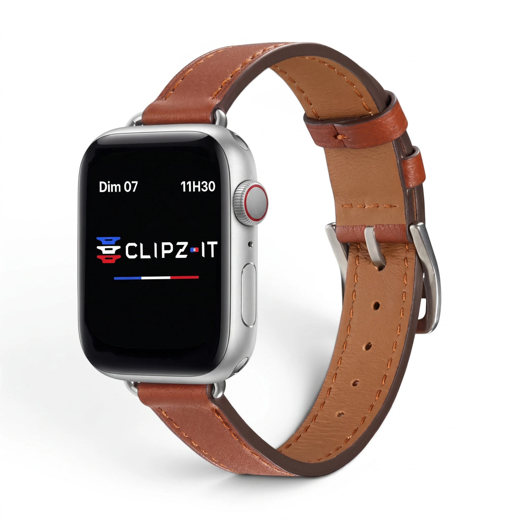 Bracelet Diana cuir marron, vue de face - Apple Watch | Clipz-it