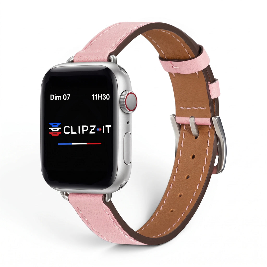 Bracelet Diana cuir rose, vue de face - Apple Watch | Clipz-it
