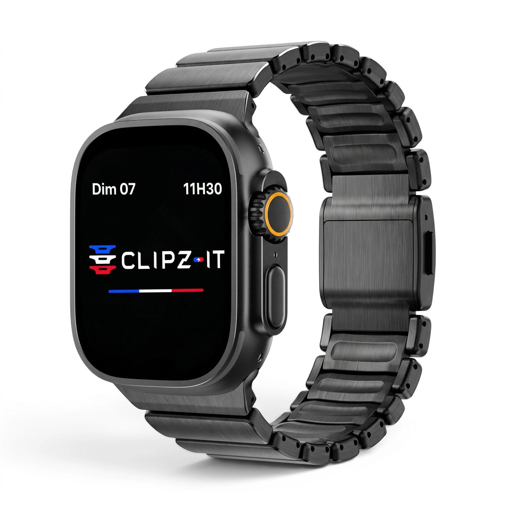 Bracelet Duetto acier & silicone sport noir & noir, vue de face - Apple Watch | Clipz-it