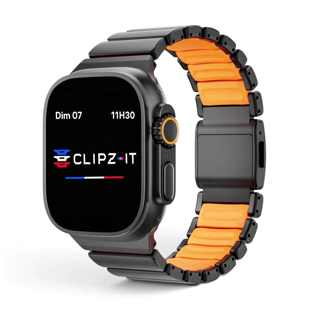 Bracelet Duetto acier & silicone sport noir & orange, vue de face - Apple Watch | Clipz-it