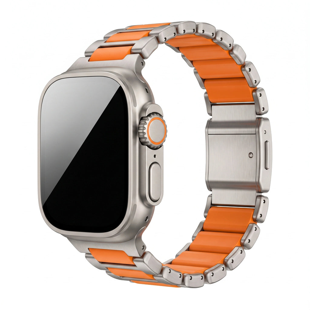 Bracelet Duetto acier & silicone sport titane & noir, vue de face 10 - Apple Watch | Clipz-it