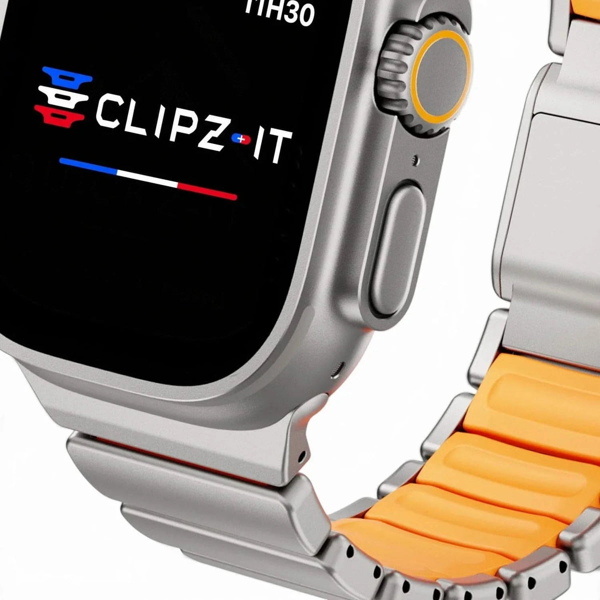 Bracelet Duetto acier & silicone sport titane & noir, vue de face 12 - Apple Watch | Clipz-it