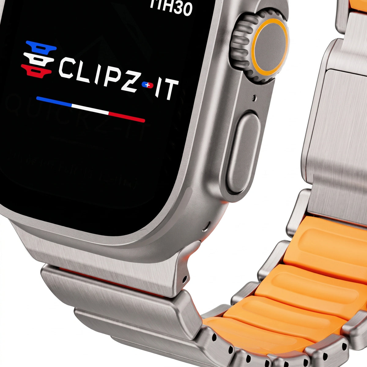 Bracelet Duetto acier & silicone sport titane & noir, vue de face 12 - Apple Watch | Clipz-it