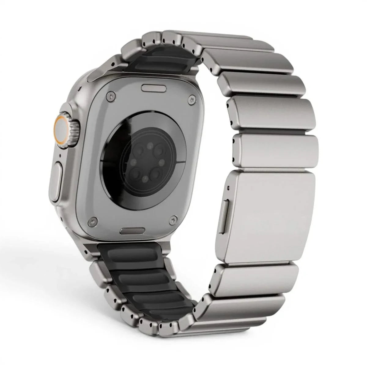Bracelet Duetto acier & silicone sport titane & noir, vue de face 2 - Apple Watch | Clipz-it