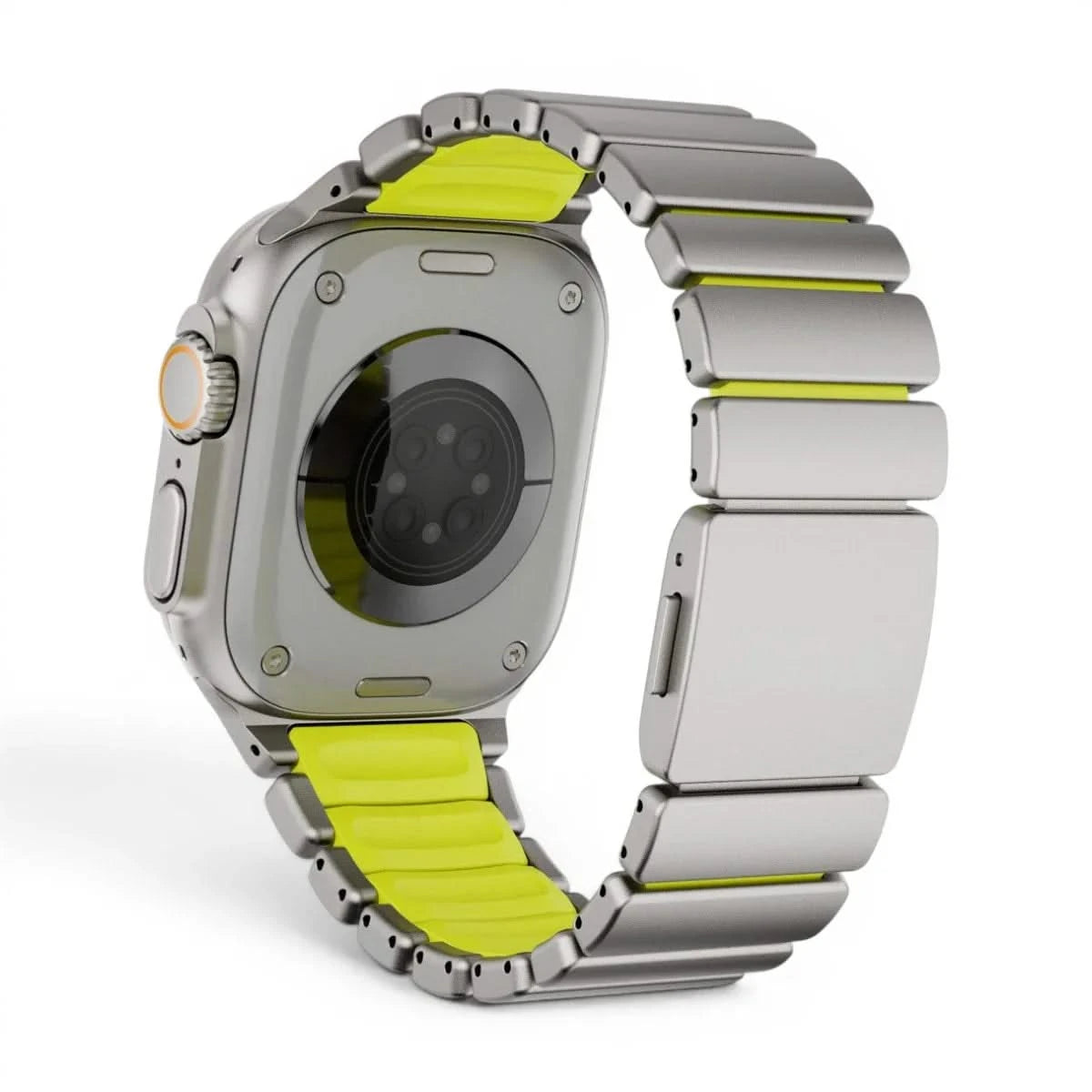 Bracelet Duetto acier & silicone sport titane & noir, vue de face 4 - Apple Watch | Clipz-it