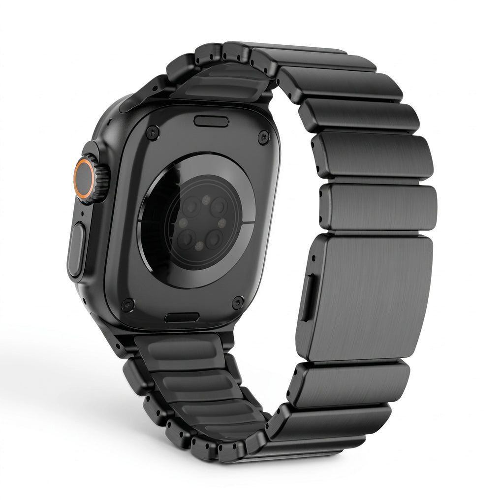 Bracelet Duetto acier & silicone sport titane & noir, vue de face 6 - Apple Watch | Clipz-it