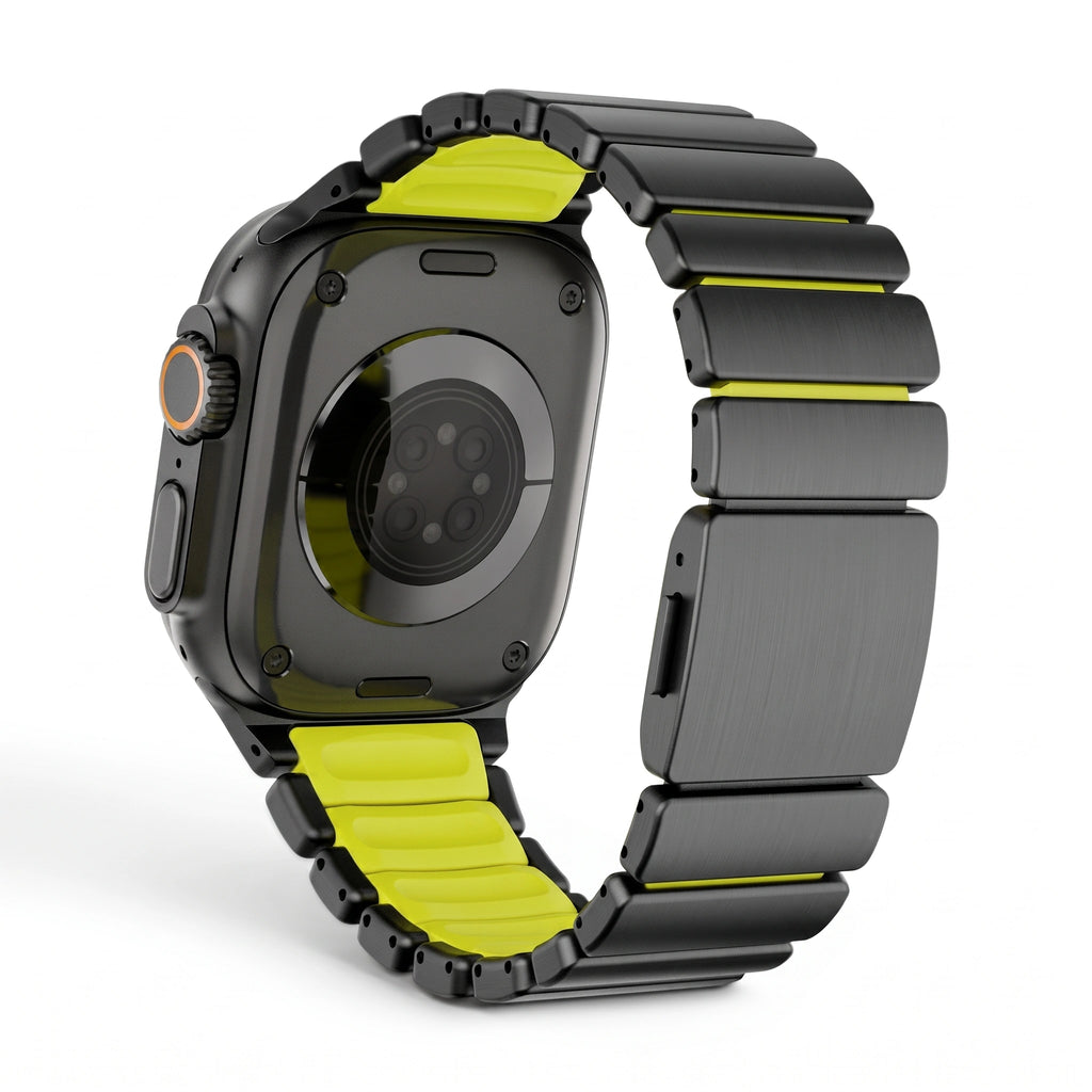 Bracelet Duetto acier & silicone sport titane & noir, vue de face 8 - Apple Watch | Clipz-it