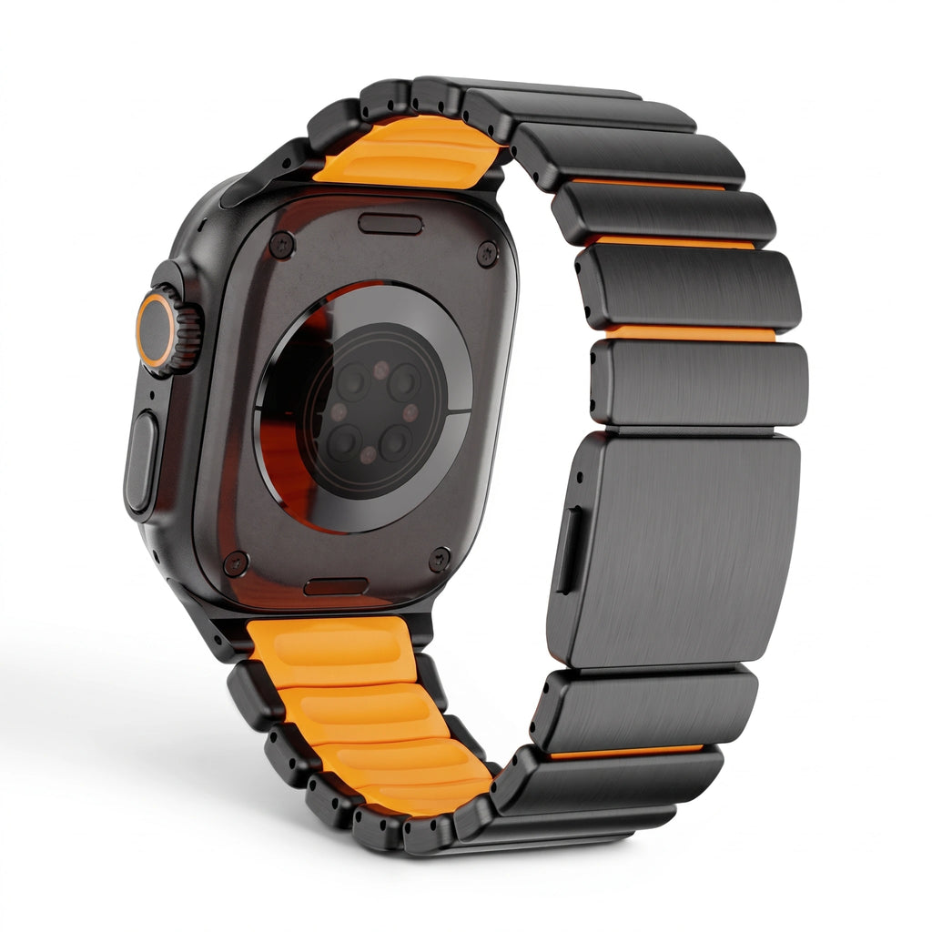 Bracelet Duetto acier & silicone sport titane & noir, vue de face 9 - Apple Watch | Clipz-it