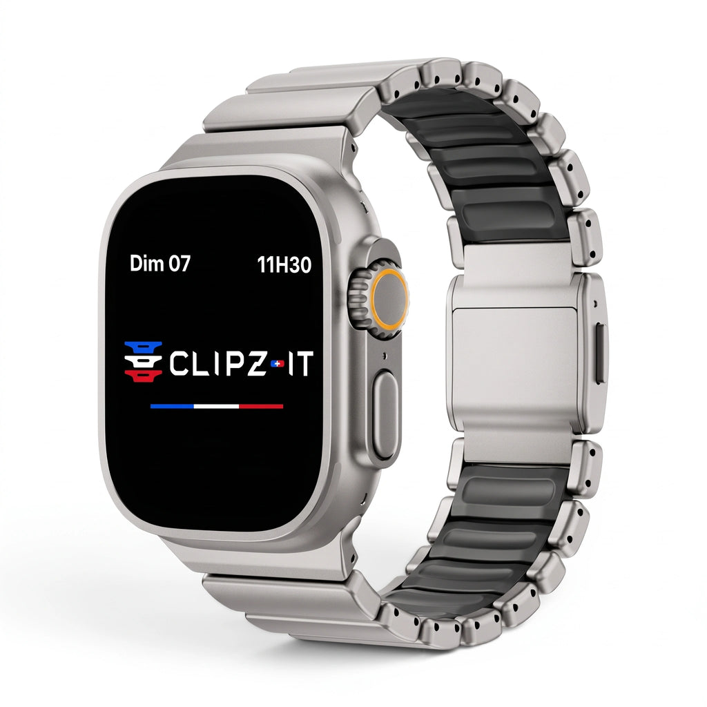 Bracelet Duetto acier & silicone sport titane & noir, vue de face - Apple Watch | Clipz-it