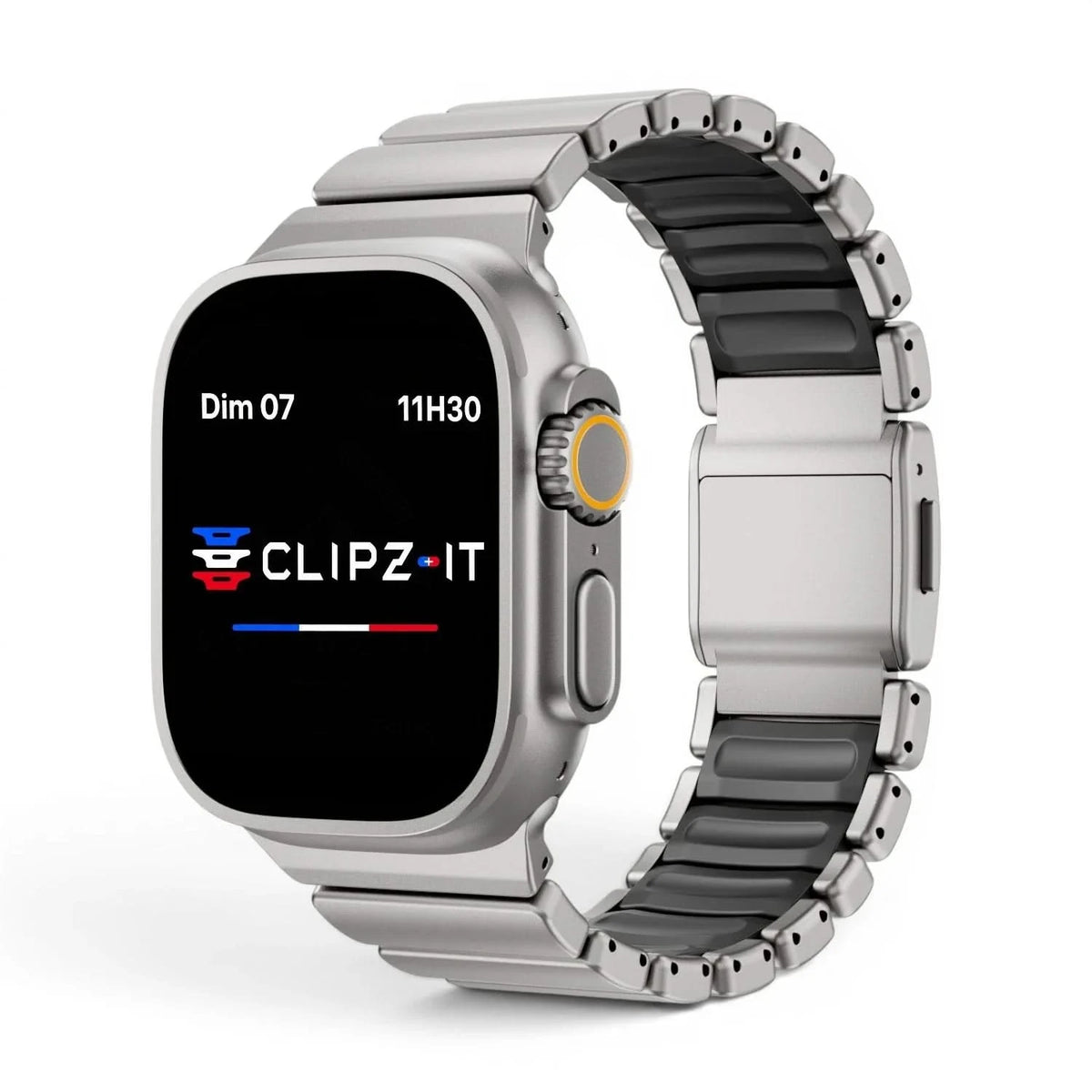 Bracelet Duetto acier & silicone sport titane & noir, vue de face - Apple Watch | Clipz-it